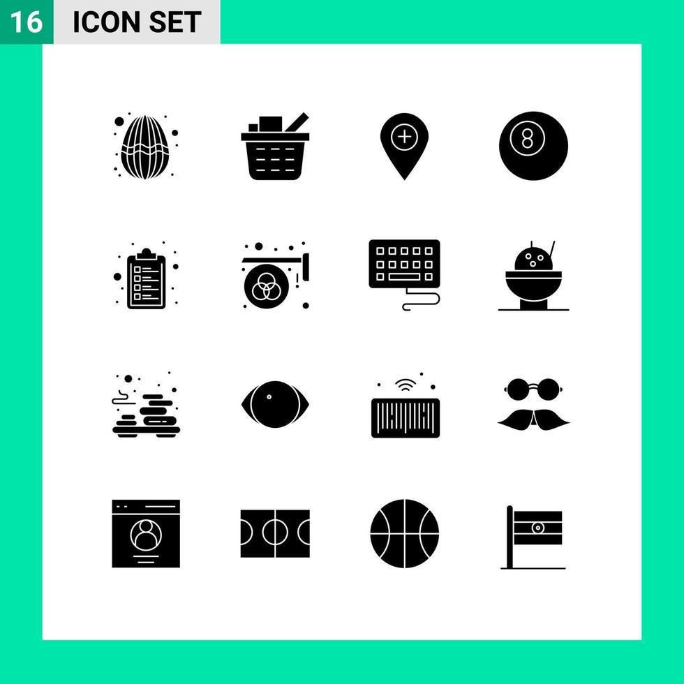 Pack of 16 creative Solid Glyphs of advertisement clipboard location check list ball Editable Vector Design Elements