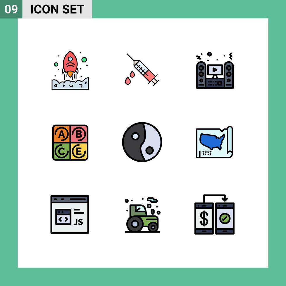 Group of 9 Modern Filledline Flat Colors Set for yin health multimedia vitamin system Editable Vector Design Elements
