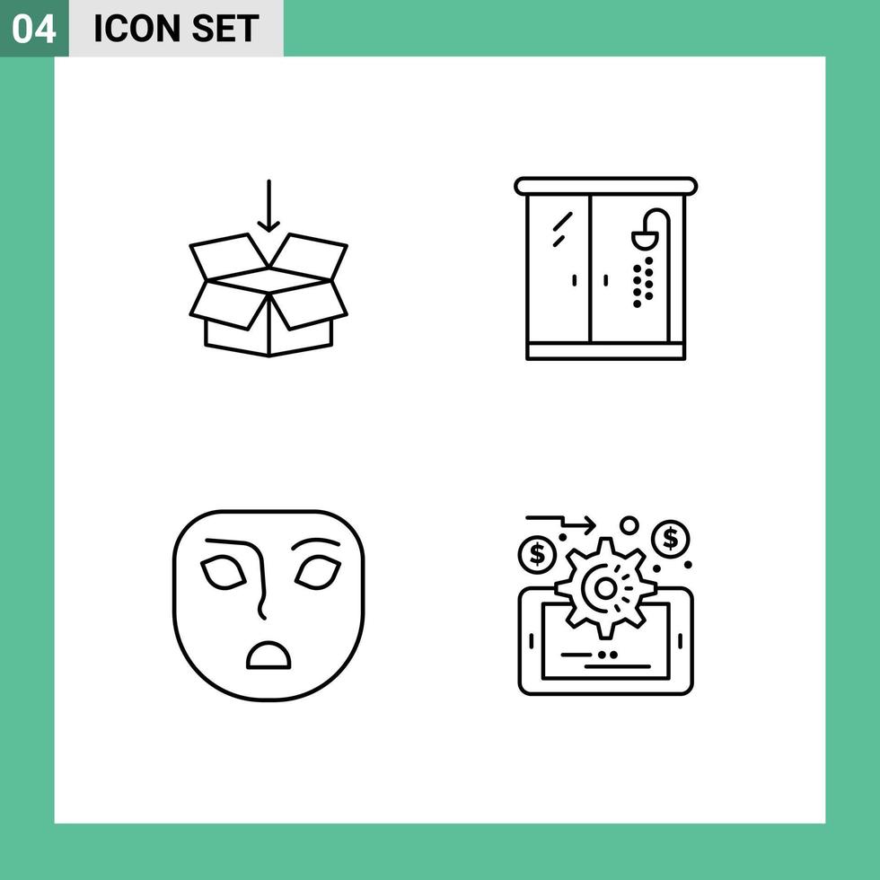 conjunto moderno de 4 colores planos y símbolos de línea de llenado, como elementos de diseño de vectores editables de gestión de datos de baño de educación de cara de caja