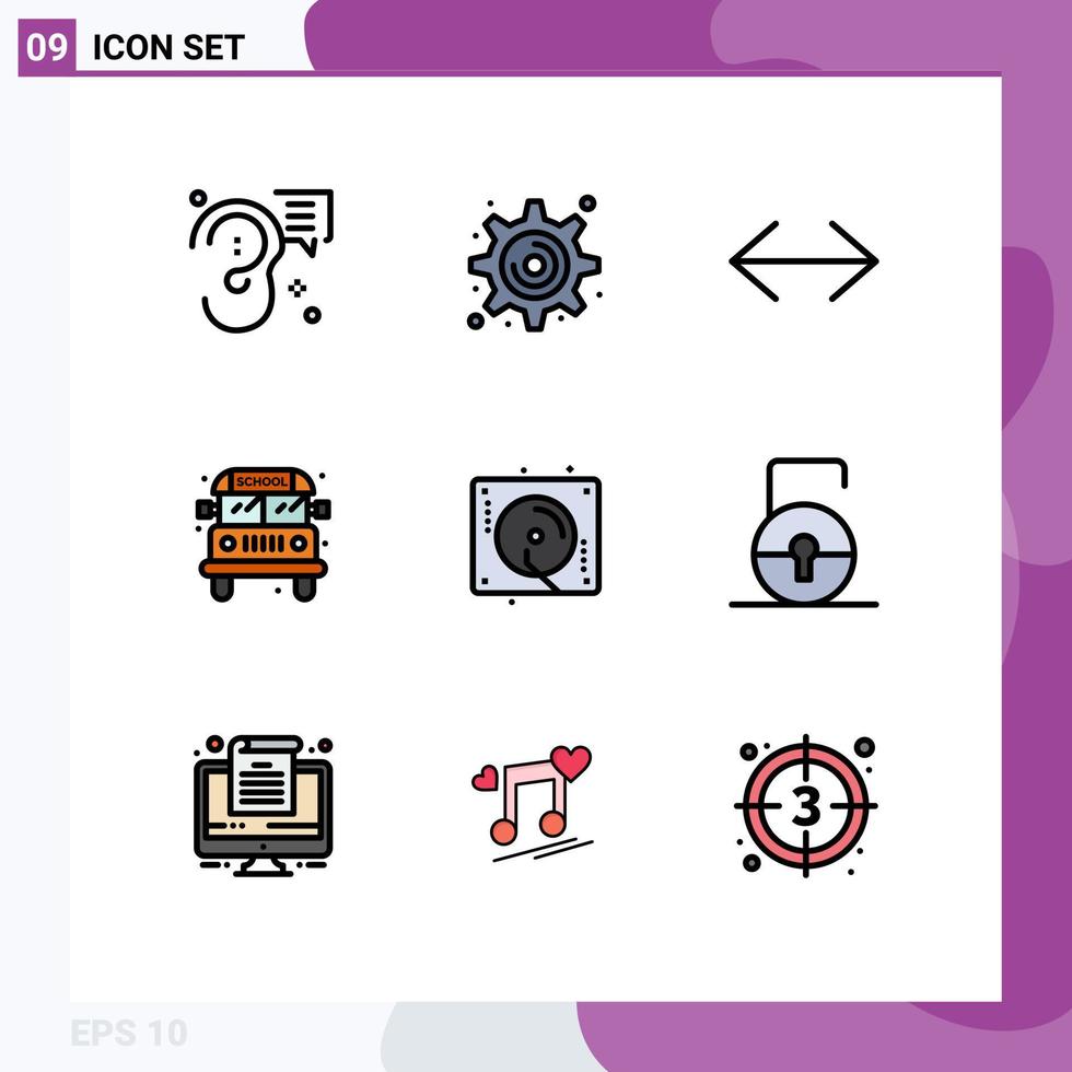 símbolos de iconos universales grupo de 9 colores planos de línea de relleno modernos de música cumpleaños flecha transporte bus elementos de diseño vectorial editables vector