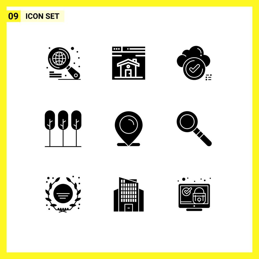 Universal Icon Symbols Group of 9 Modern Solid Glyphs of map trees tick tree nature Editable Vector Design Elements