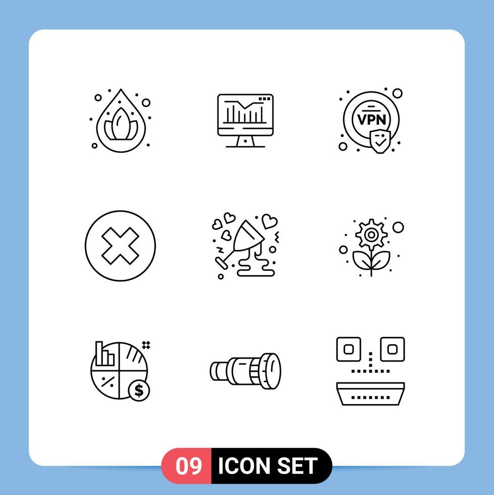 conjunto de 9 iconos de interfaz de usuario modernos símbolos signos de amor celebrar aniversario de seguridad elementos de diseño vectorial editables multimedia vector