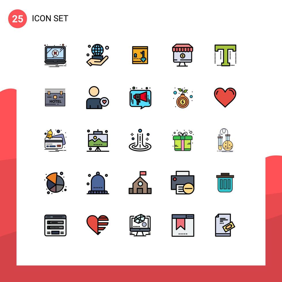25 User Interface Filled line Flat Color Pack of modern Signs and Symbols of font e safe computer shop Editable Vector Design Elements