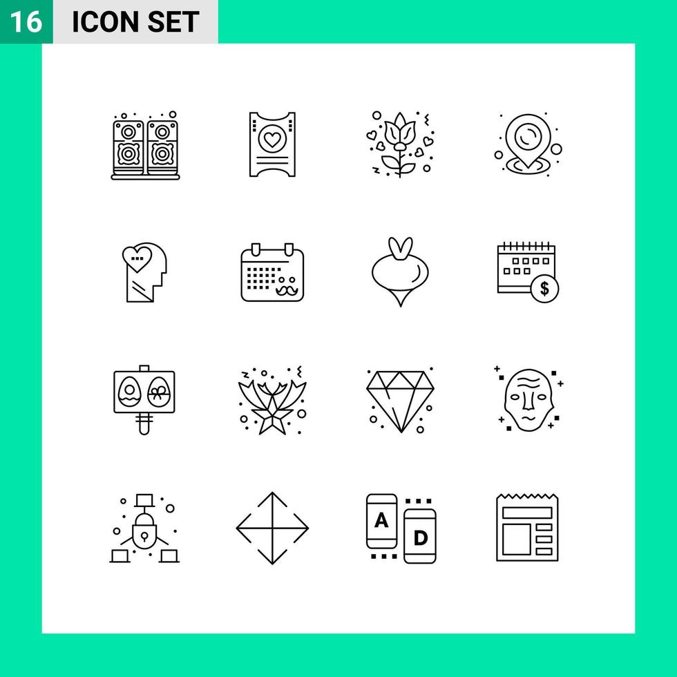 16 Universal Outline Signs Symbols of calender mind love love streamline Editable Vector Design Elements