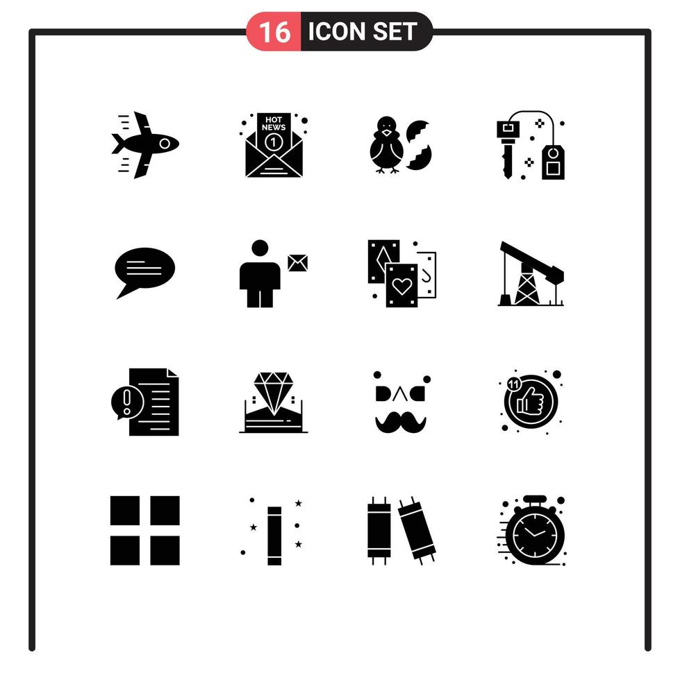 16 Universal Solid Glyphs Set for Web and Mobile Applications chat lock egg key happy Editable Vector Design Elements