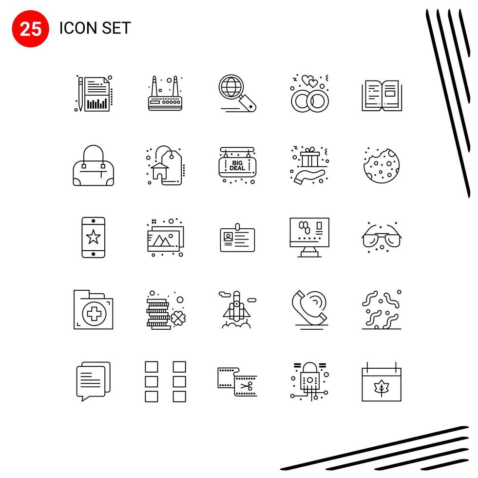 Pictogram Set of 25 Simple Lines of knowledge book internet wedding love Editable Vector Design Elements