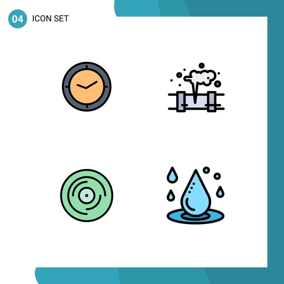 Modern Set of 4 Filledline Flat Colors Pictograph of watch dj clock pollution scratching Editable Vector Design Elements