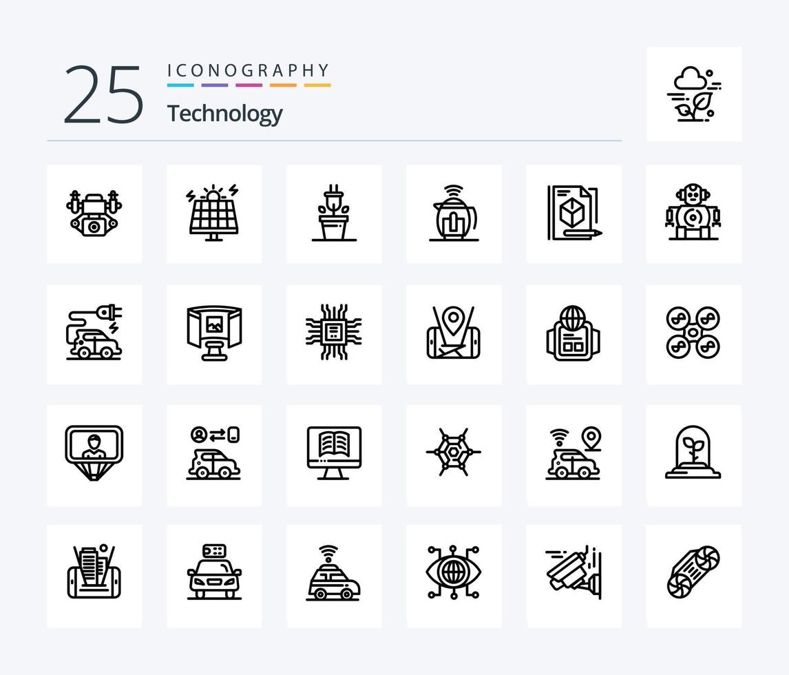 paquete de iconos de 25 líneas de tecnología que incluye tecnología. caja. planta. expediente. Servicio vector