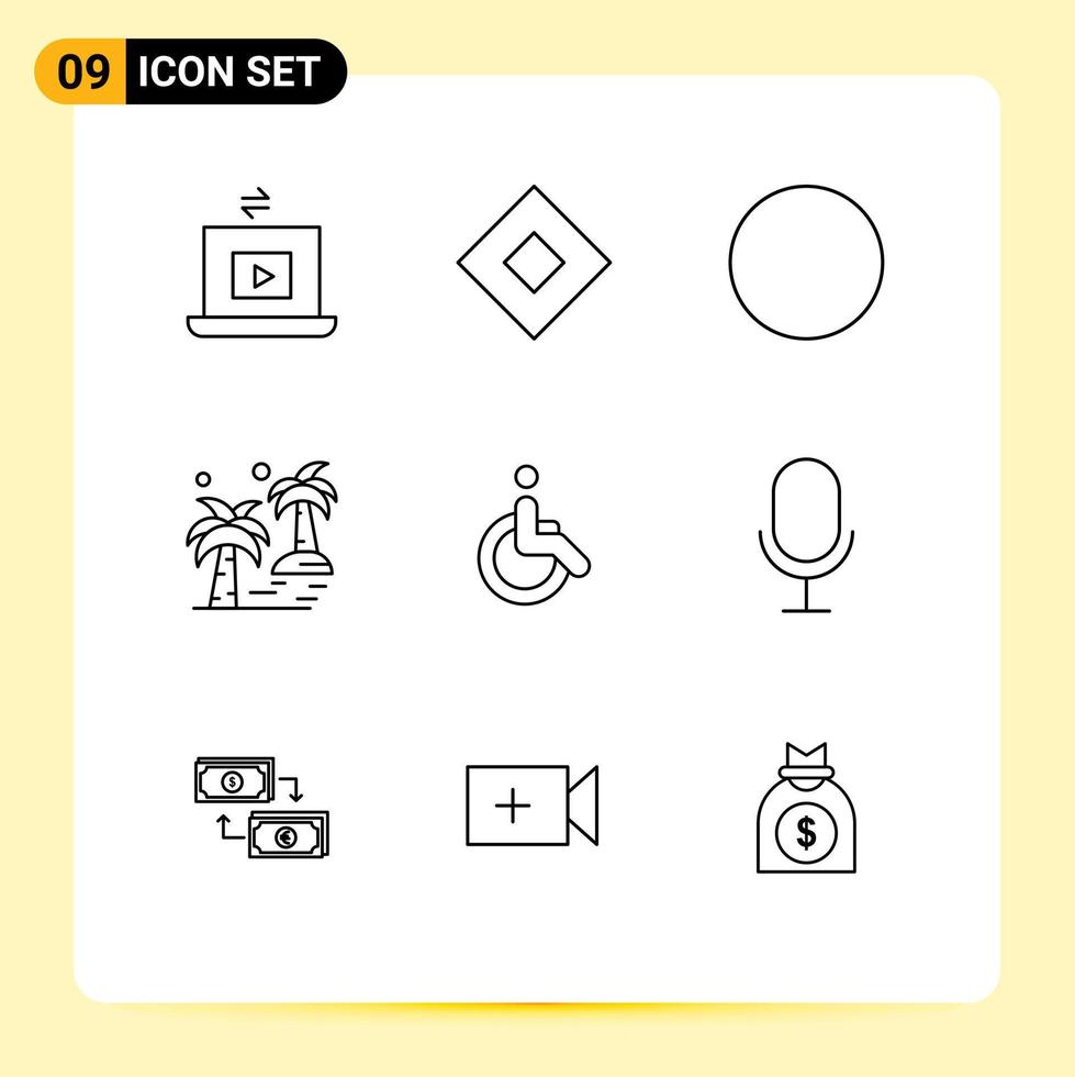 Mobile Interface Outline Set of 9 Pictograms of movement weelchair circle arecaceae tree Editable Vector Design Elements