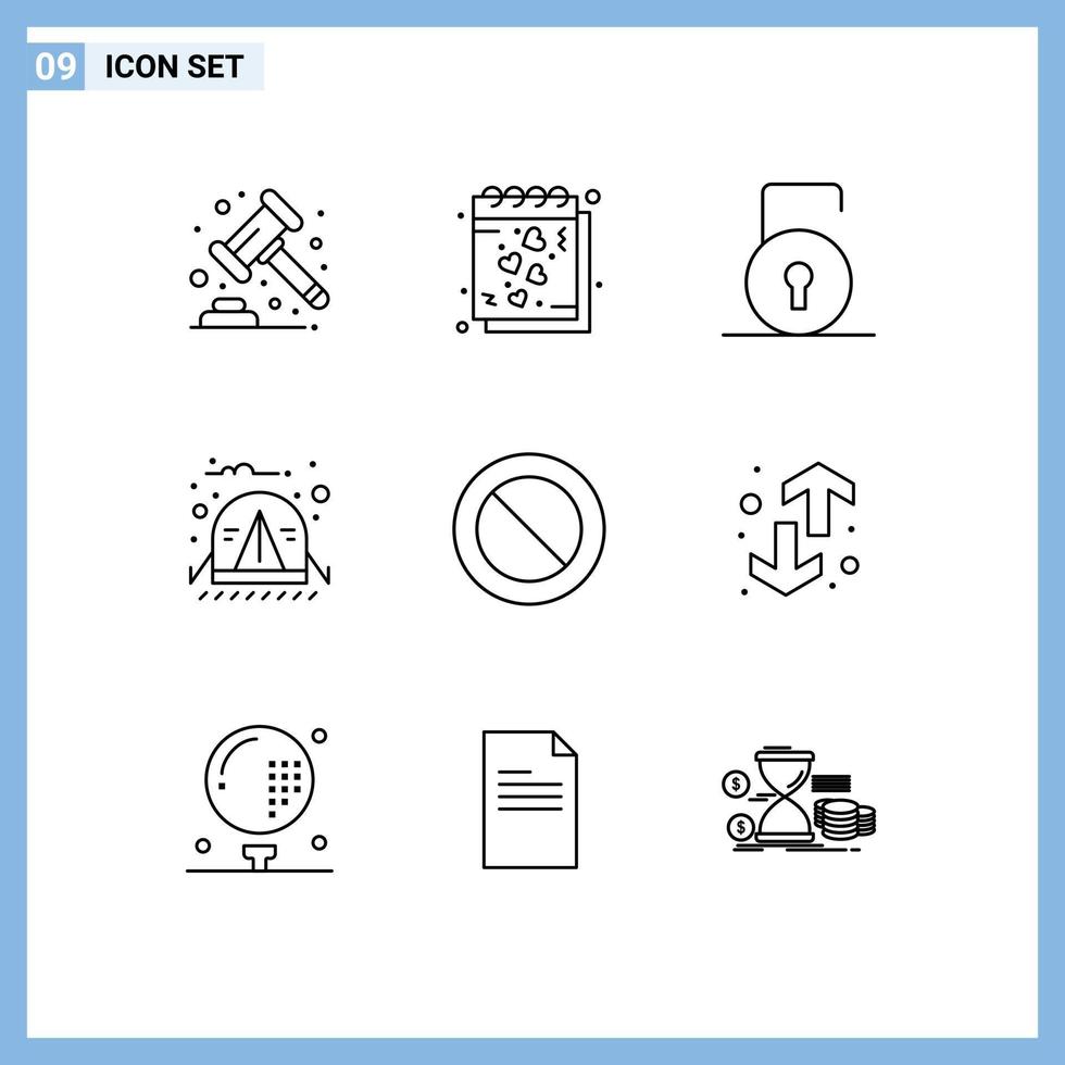 9 Outline concept for Websites Mobile and Apps ban travel romantic camping security Editable Vector Design Elements
