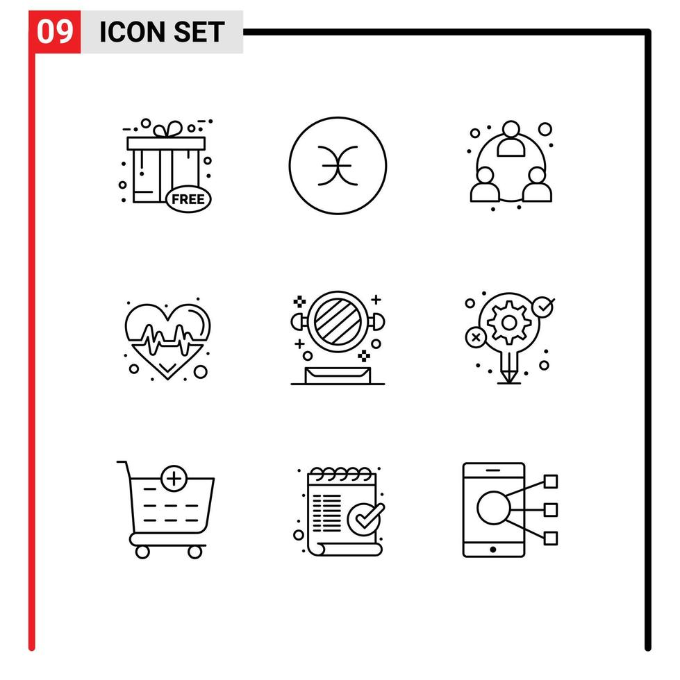 9 Universal Outlines Set for Web and Mobile Applications mirror science business heart pulse Editable Vector Design Elements