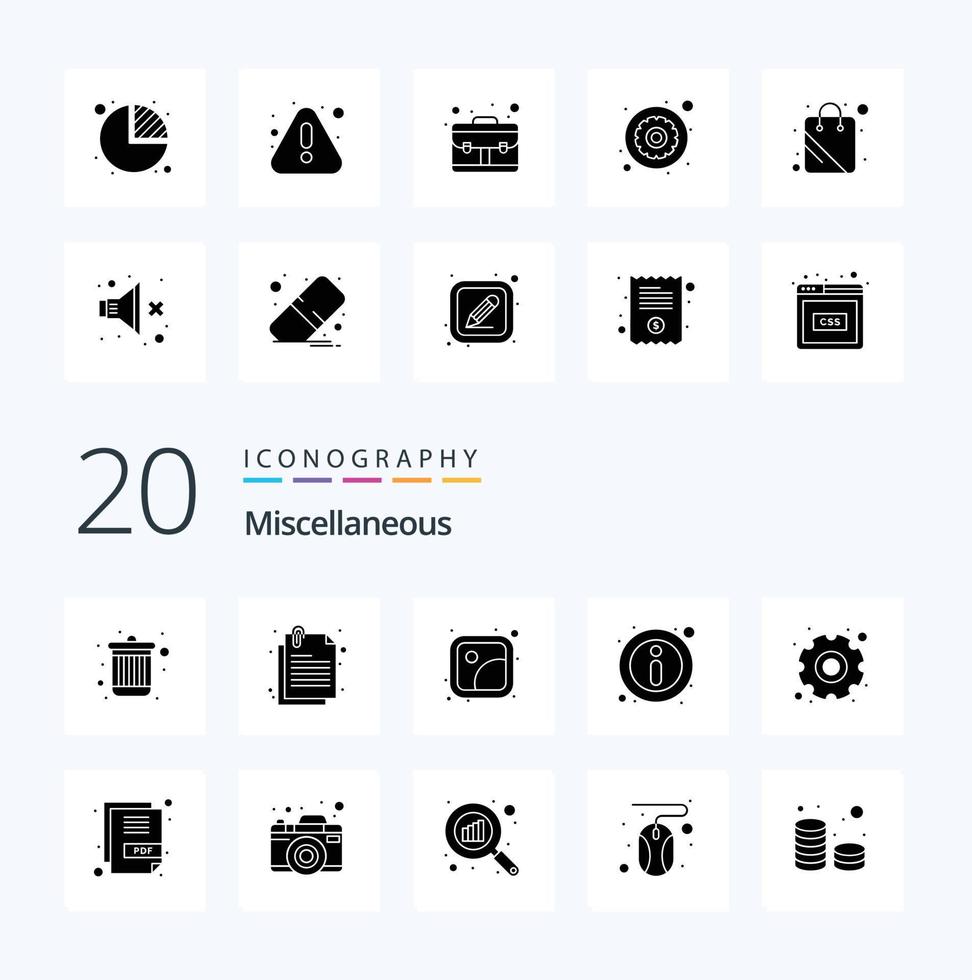 20 Miscellaneous Solid Glyph icon Pack like settings gallery information about vector