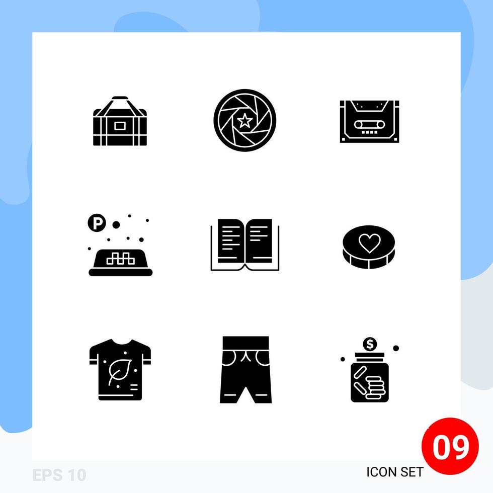 Universal Icon Symbols Group of 9 Modern Solid Glyphs of book taxi photo sign compact Editable Vector Design Elements
