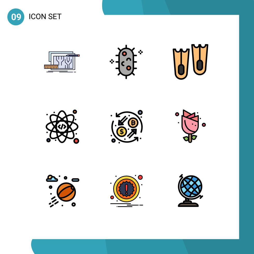 conjunto de 9 iconos de interfaz de usuario modernos signos de símbolos para cambiar moneda química codificación web elementos de diseño vectorial editables vector