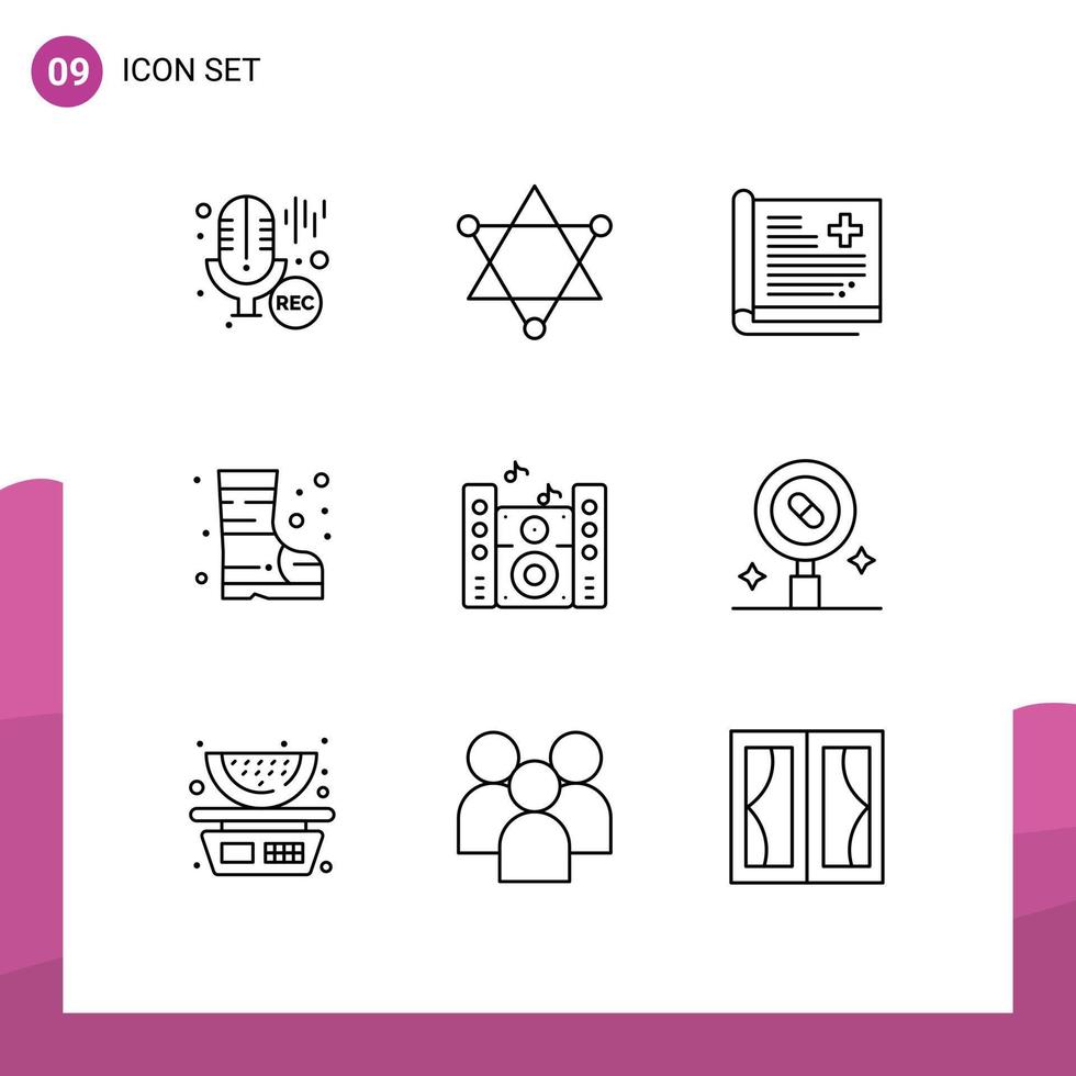 Modern Set of 9 Outlines Pictograph of speaker music history safety boots Editable Vector Design Elements