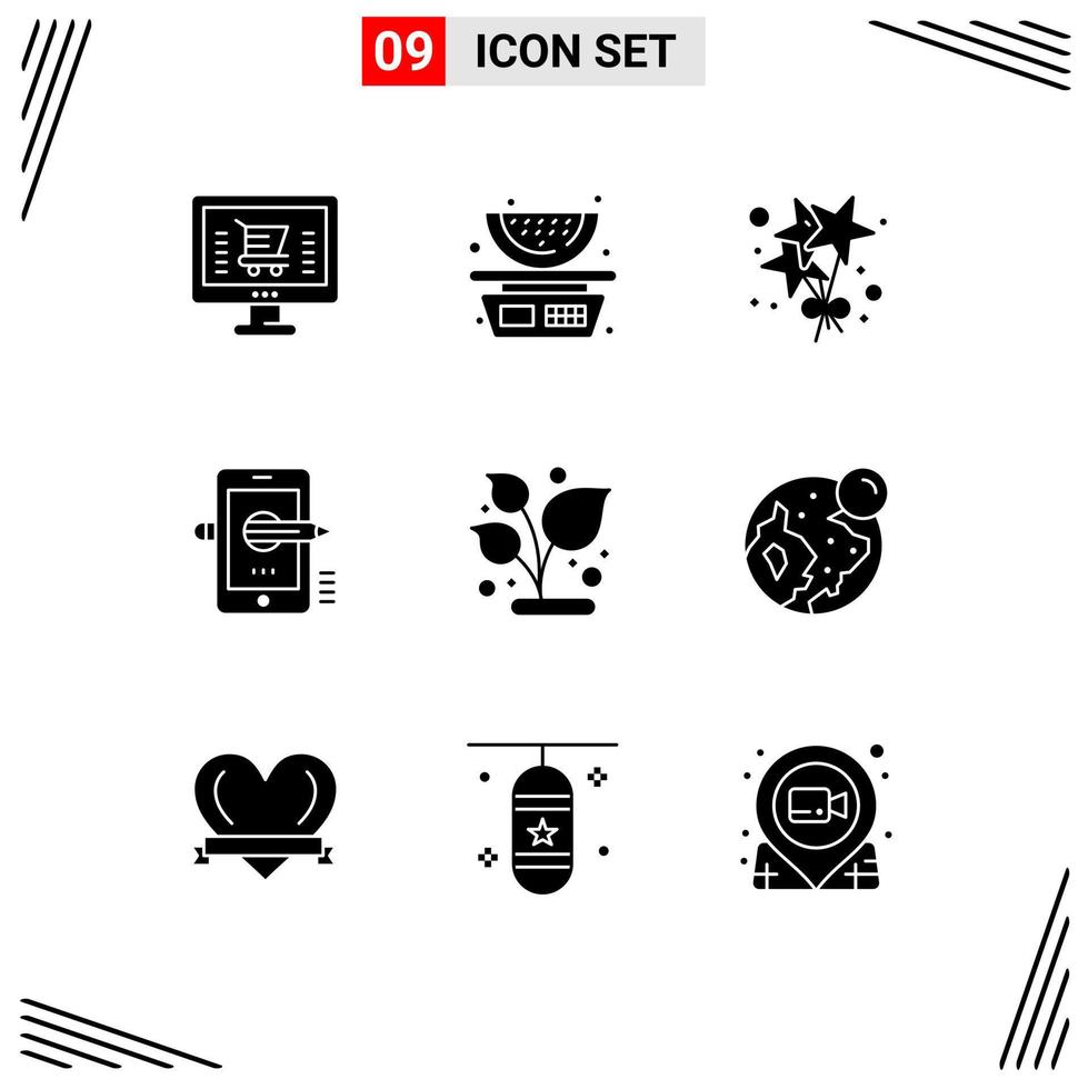 Modern Set of 9 Solid Glyphs Pictograph of leaf composing birthday drawing mobile Editable Vector Design Elements