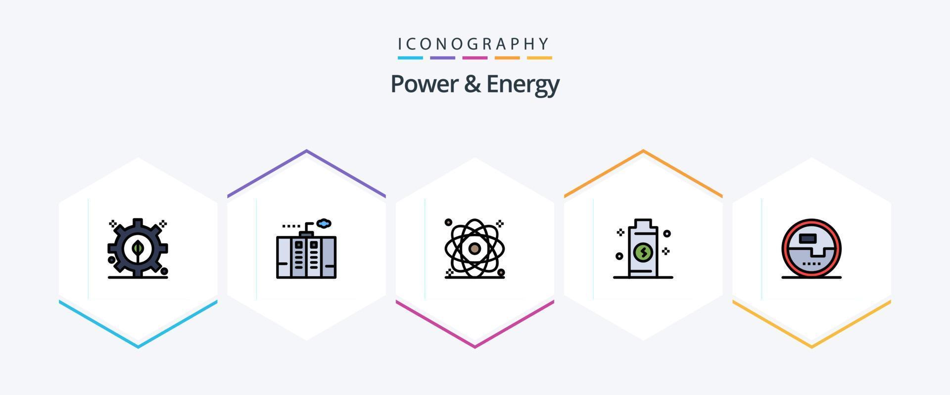 Paquete de íconos de 25 líneas completas de energía y energía que incluye construcción y herramientas. energía. átomo. electricidad. poder vector