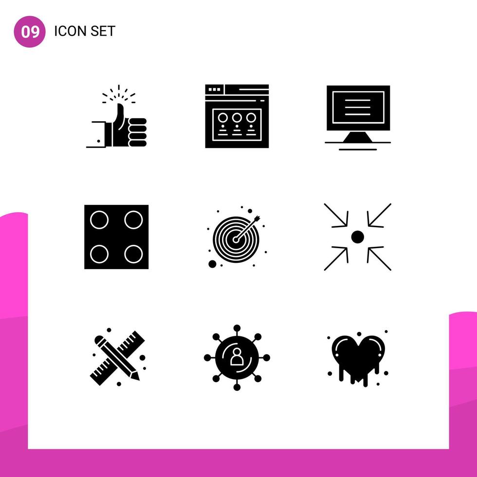 Set of 9 Vector Solid Glyphs on Grid for target arrow website stove electro Editable Vector Design Elements