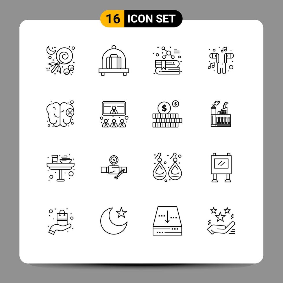 16 Universal Outlines Set for Web and Mobile Applications mind brain education song music Editable Vector Design Elements
