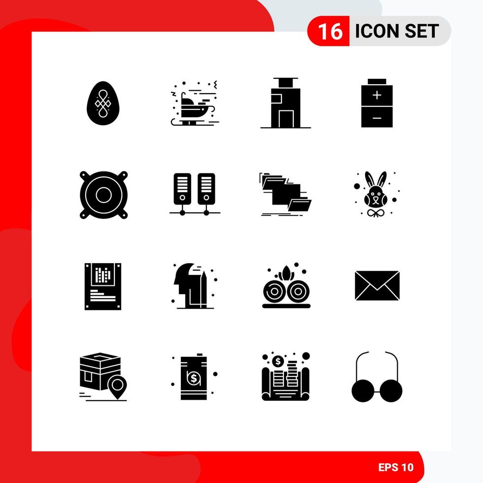 Set of 16 Commercial Solid Glyphs pack for music electric apartment charging office Editable Vector Design Elements