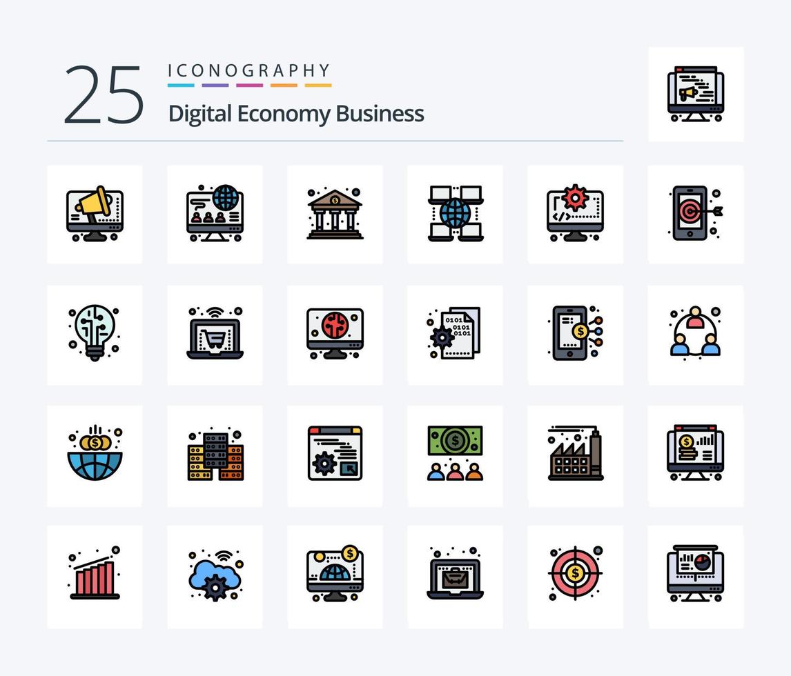 Digital Economy Business 25 Line Filled icon pack including gear. coding. business. computer. digital vector