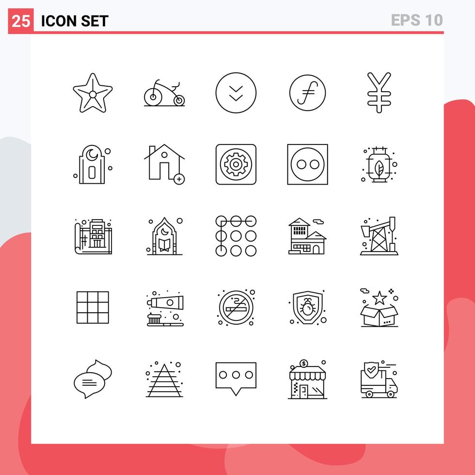 Mobile Interface Line Set of 25 Pictograms of yen currency circle crypto currency coin Editable Vector Design Elements