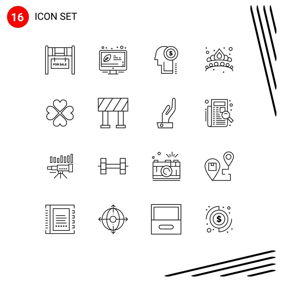 Group of 16 Outlines Signs and Symbols for love jewel idea jewelry crown Editable Vector Design Elements