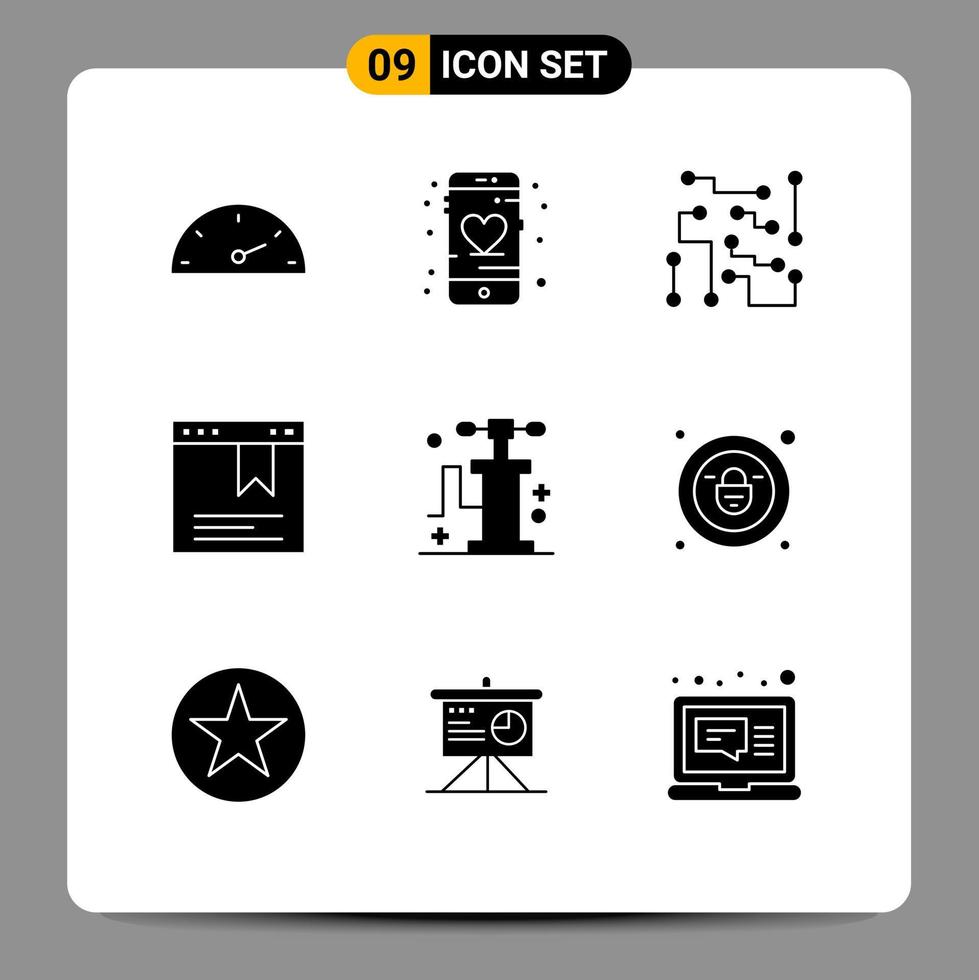 User Interface Pack of 9 Basic Solid Glyphs of travel pump circuitry website bookmark Editable Vector Design Elements