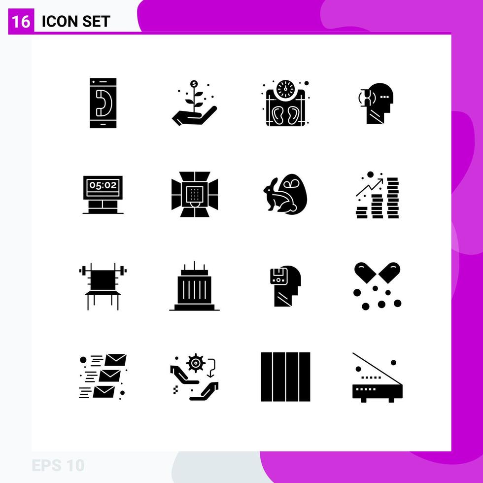 16 User Interface Solid Glyph Pack of modern Signs and Symbols of game male machine user wait Editable Vector Design Elements