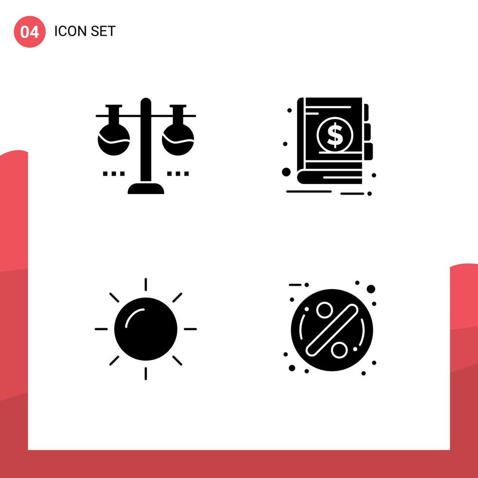 Group of 4 Modern Solid Glyphs Set for chemical laboratory day test flask economy sunny Editable Vector Design Elements