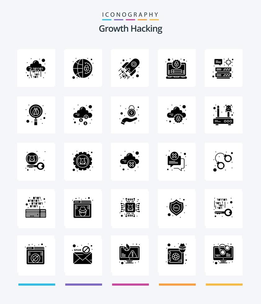 Creative Hacking 25 Glyph Solid Black icon pack  Such As datacenter. profile. settings. lock. space vector