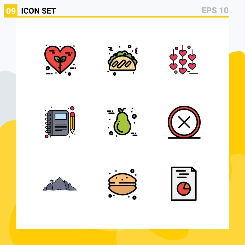 Group of 9 Modern Filledline Flat Colors Set for pear pen heart notebook moleskin Editable Vector Design Elements