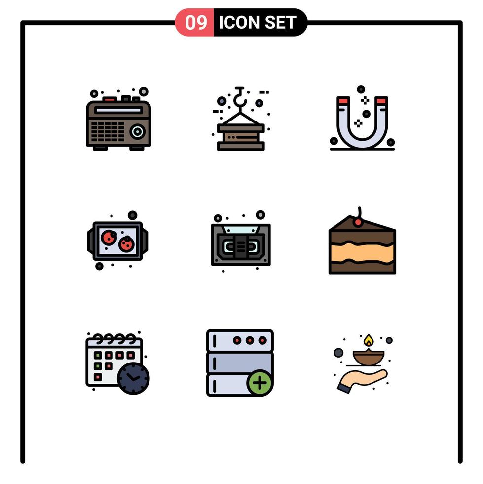 conjunto moderno de 9 colores planos y símbolos de línea de llenado, como la cocina de audio, atrae cookies elementos de diseño de vectores editables negativos