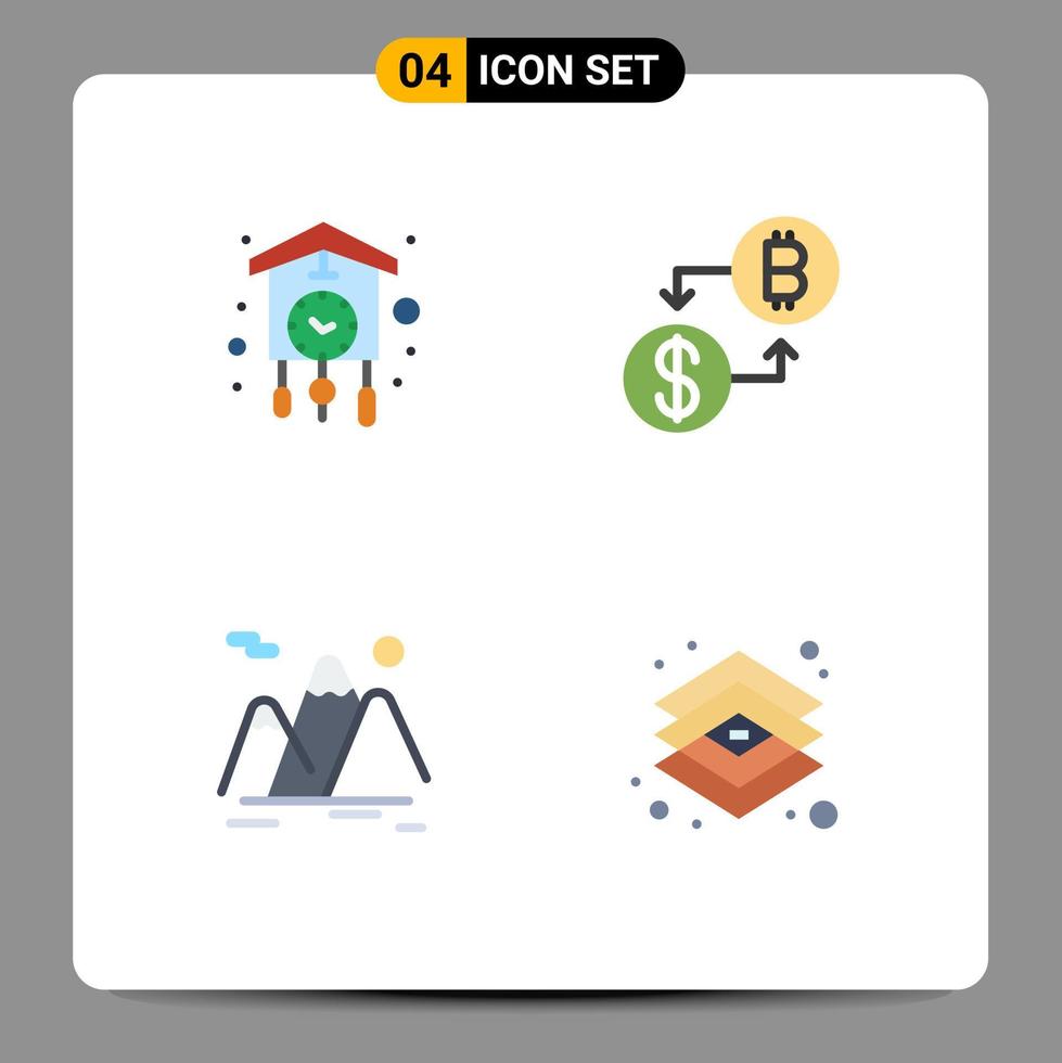 conjunto de iconos planos de interfaz móvil de 4 pictogramas de reloj montañas cuco viajes digitales elementos de diseño vectorial editables vector