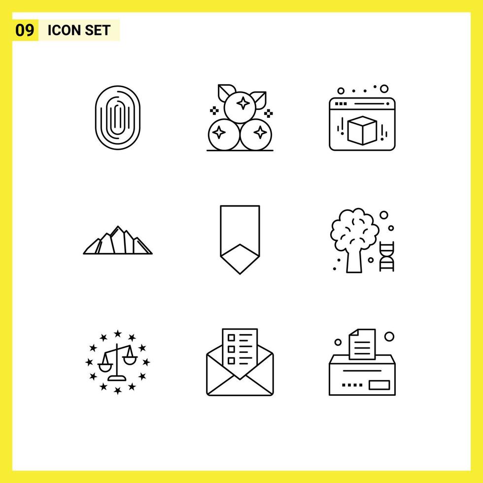 Pack of 9 Modern Outlines Signs and Symbols for Web Print Media such as scene nature fruit landscape web Editable Vector Design Elements