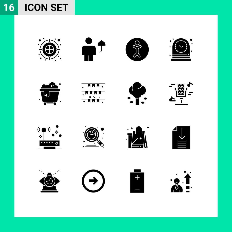 Set of 16 Commercial Solid Glyphs pack for trash watch umbrella time clock Editable Vector Design Elements