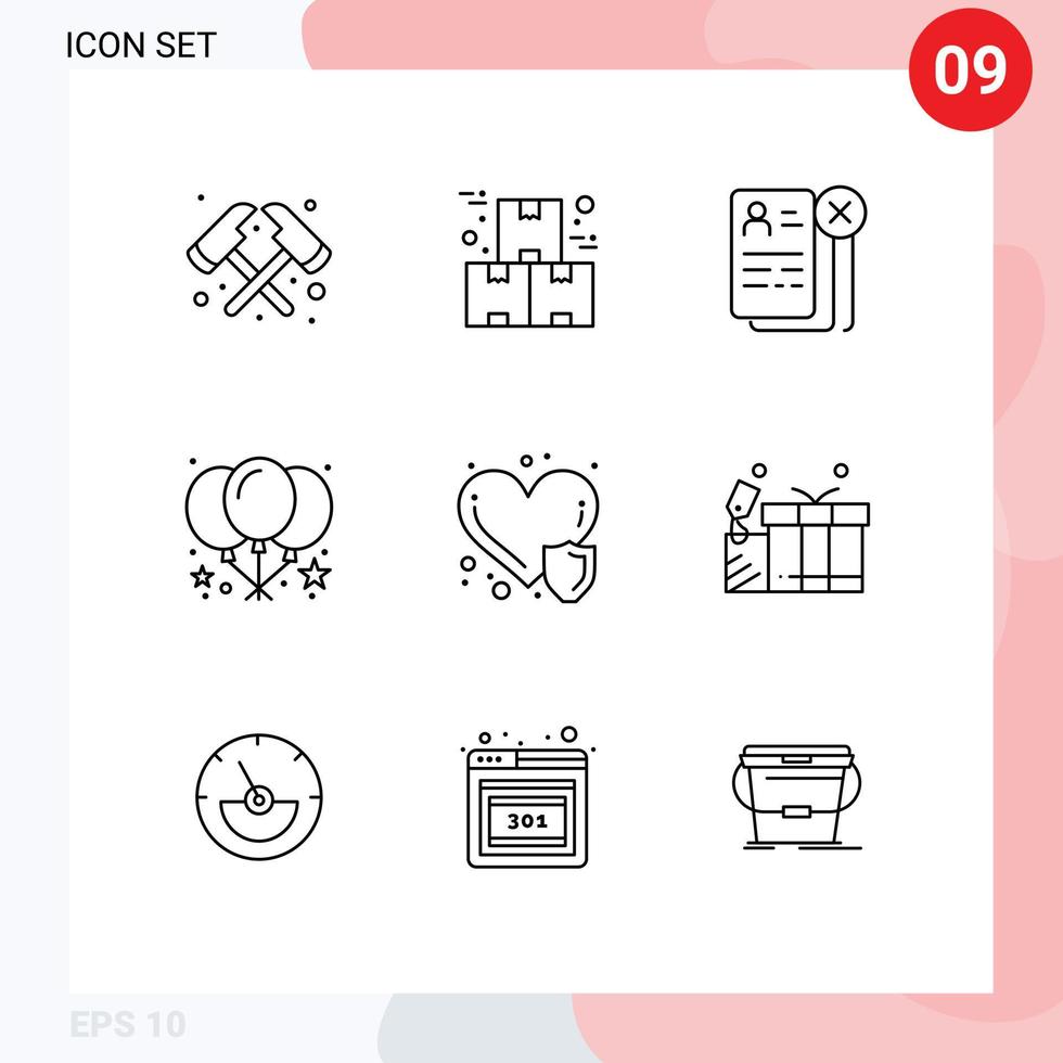 9 User Interface Outline Pack of modern Signs and Symbols of heart care party business balloon resume Editable Vector Design Elements