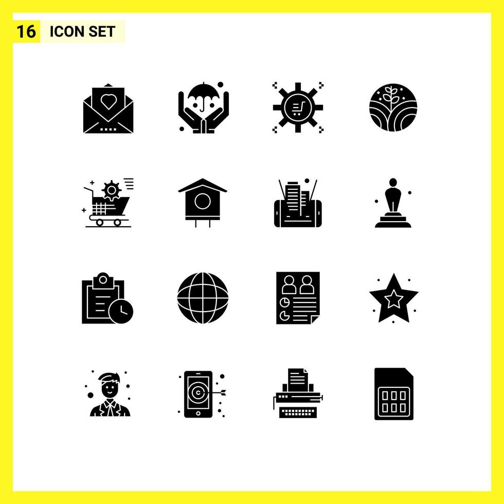paquete de 16 signos y símbolos de glifos sólidos modernos para medios de impresión web, como la configuración de carritos, automatización de marketing, entorno agrícola, elementos de diseño de vectores editables