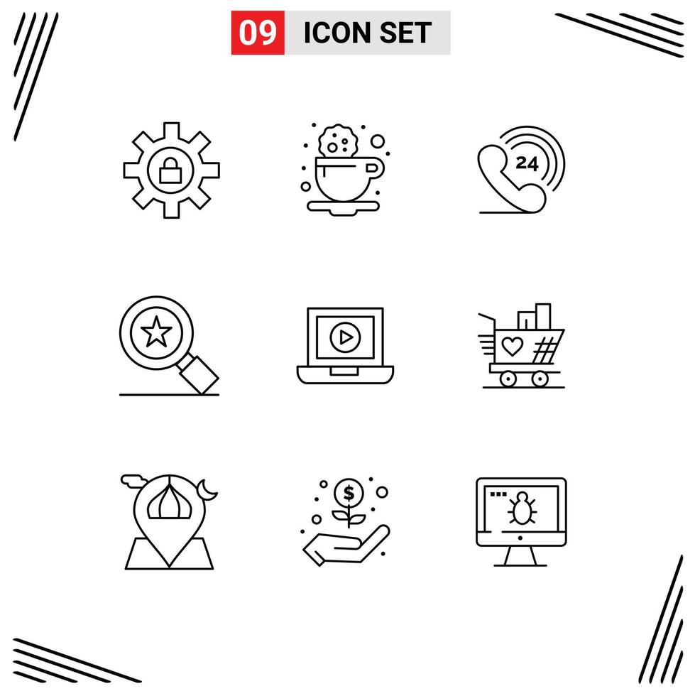 Modern Set of 9 Outlines Pictograph of trolly computer telephone laptop star Editable Vector Design Elements