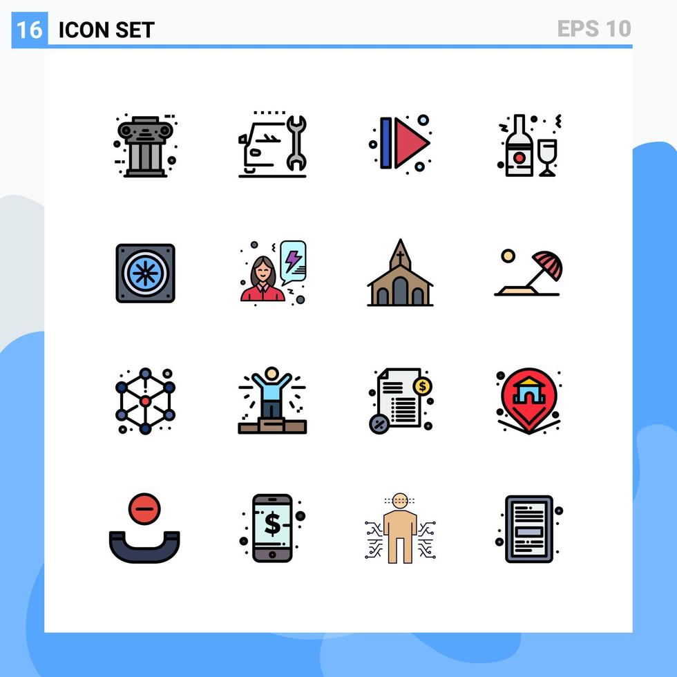 grupo de 16 líneas rellenas de color plano, signos y símbolos para el servicio de botellas de vino, bebidas, elementos de diseño de vectores creativos editables a la derecha