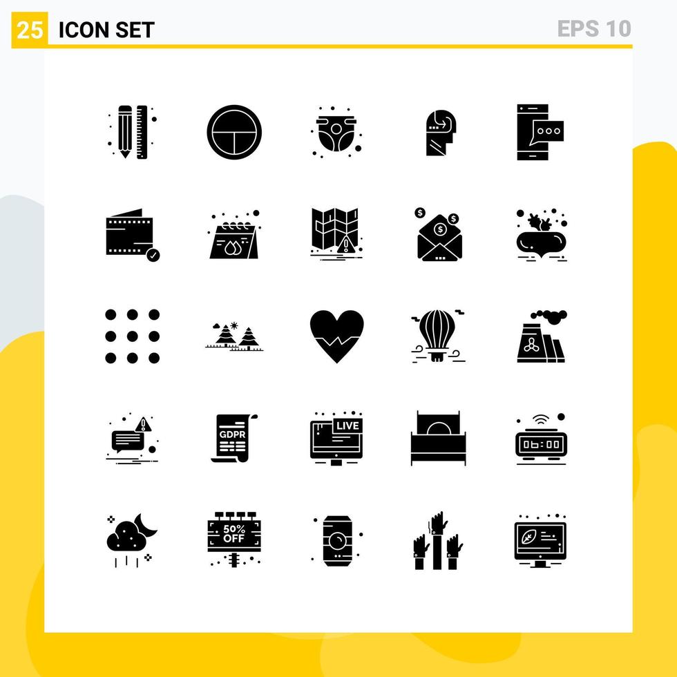 Set of 25 Commercial Solid Glyphs pack for head skill soldier learning childhood Editable Vector Design Elements