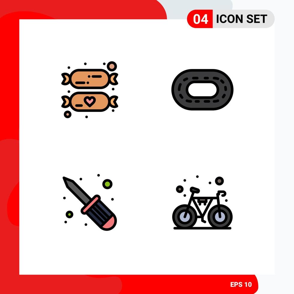 Pack of 4 creative Filledline Flat Colors of baby screw fixer sweets treadmill bike Editable Vector Design Elements