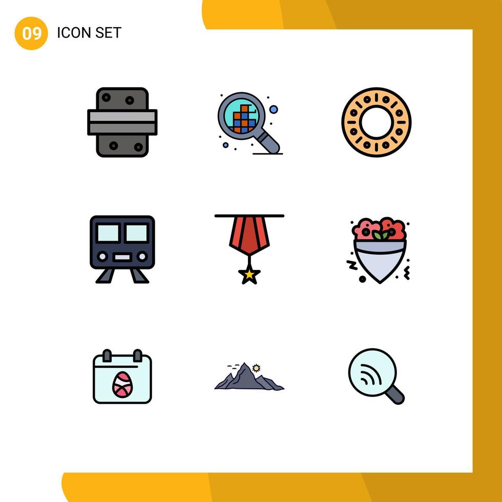 Pack of 9 creative Filledline Flat Colors of insignia badge bakery train railway Editable Vector Design Elements