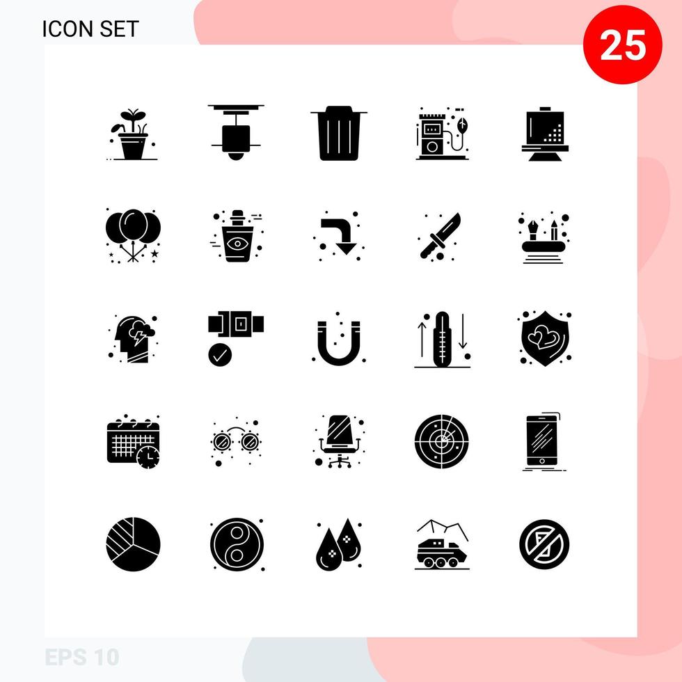 User Interface Pack of 25 Basic Solid Glyphs of board pump light oil eco Editable Vector Design Elements