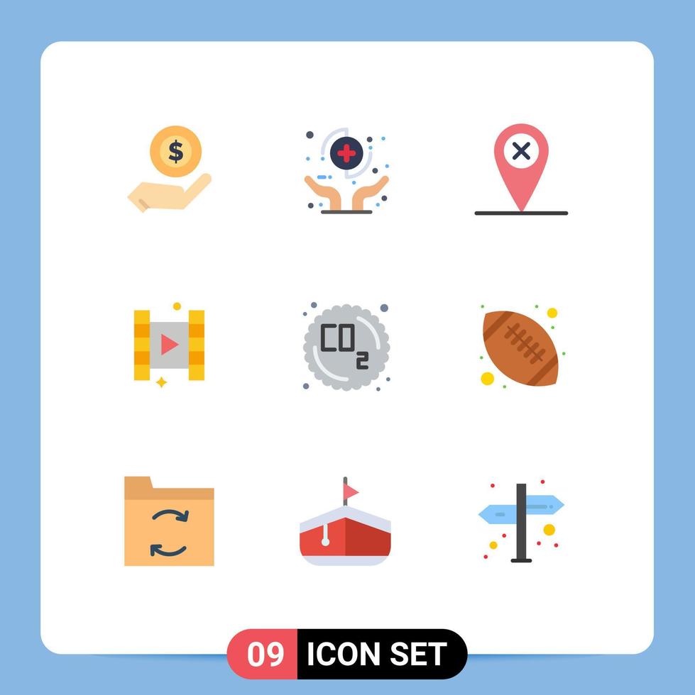 conjunto de pictogramas de 9 colores planos simples de contaminación co proteger elementos de diseño vectorial editables de video de película vector