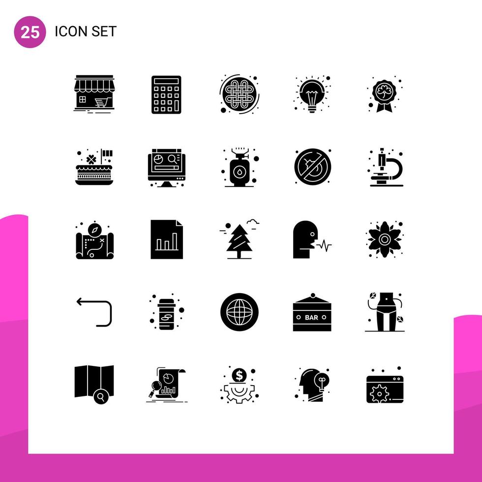 Group of 25 Modern Solid Glyphs Set for leaf lamp celtic knot light bulb Editable Vector Design Elements