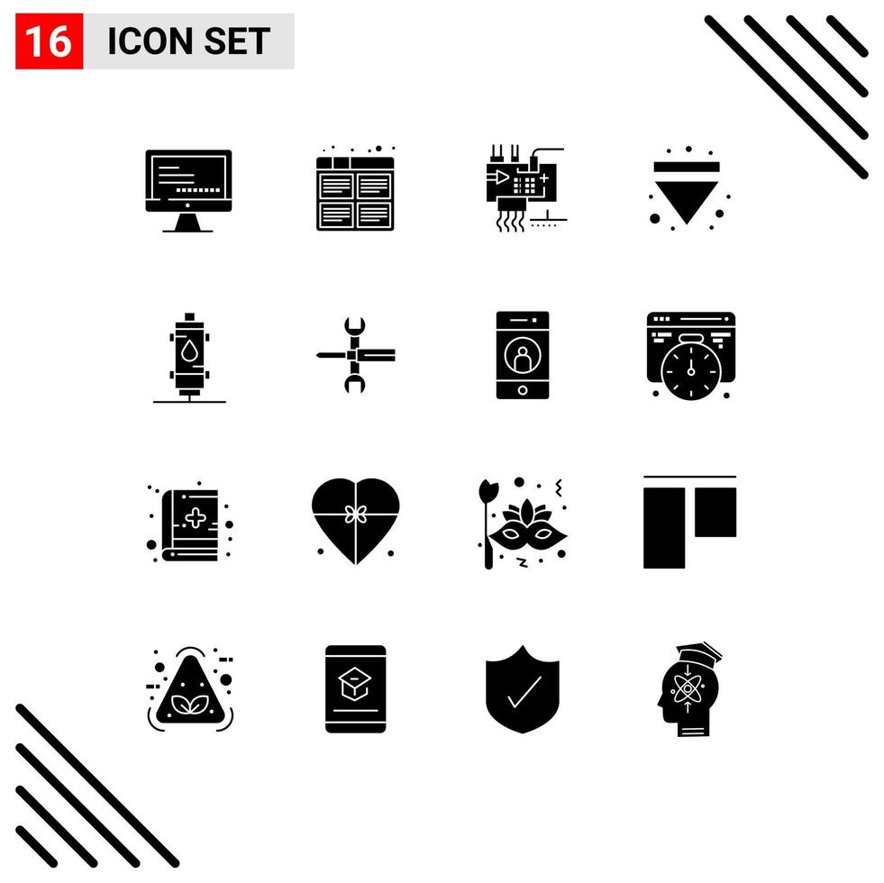 Group of 16 Modern Solid Glyphs Set for down eject production arrow engineering Editable Vector Design Elements