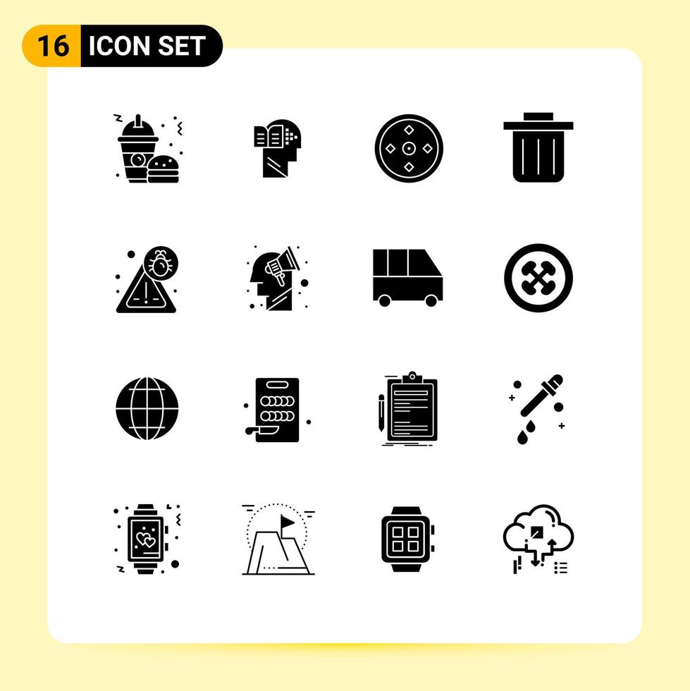 16 Solid Glyph concept for Websites Mobile and Apps plan virus focus security recycling bin Editable Vector Design Elements