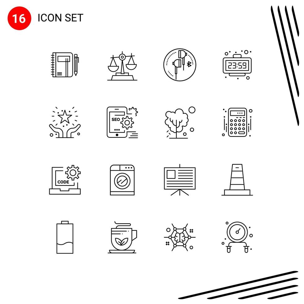 Pictogram Set of 16 Simple Outlines of minute music justice bluetooth ear Editable Vector Design Elements