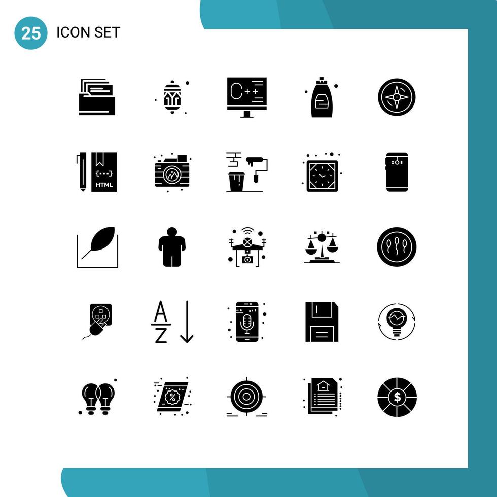 25 Solid Glyph concept for Websites Mobile and Apps navigation shower coding cleaning gel programming Editable Vector Design Elements